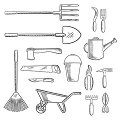 Gardening or agricultural tools with axe and saw, shovel and bucket, pitchfork and rake, wheelbarrow and watering can, knife and  cultivator, scissors, shears and sickle. Agriculture, gardening themes © Vector Tradition