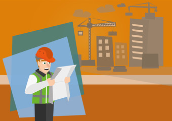 vector illustration of profession architect looking at blueprint with background of building