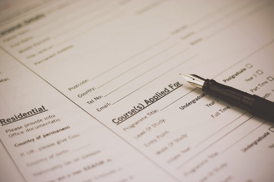 Close up of a university application form