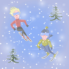 Man and woman together are screaming in fear during skiing. Vector illustration. eps10