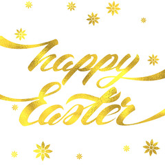 Fototapeta premium Happy Easter Hand Lettering with Gold Foil Texture Greeting Card. Vector Background with Golden Textured Flower Decoration