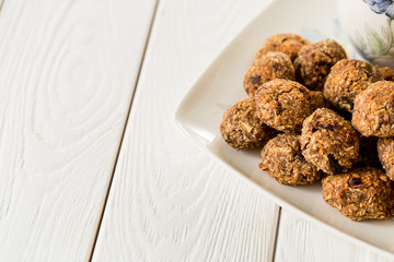 Tasty Gluten Free Apple Cookies with Black English Tea on Light White Wooden Background, Free Space for Text