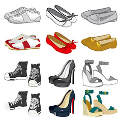 Collection of six pairs of woman shoes on black and white and color version isolated on white background
