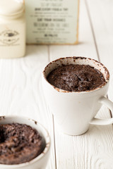 Chocolate Mug Cakes, Cupcakes on Light White Background