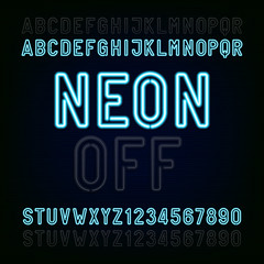 Blue Neon Light Alphabet Font. Two different styles. Lights on or off. Type letters and numbers on a dark background. Vector typeface for animation, labels, titles, posters etc.