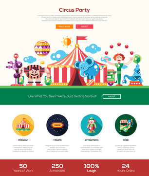 Circus, carnival party website header banner with webdesign elements