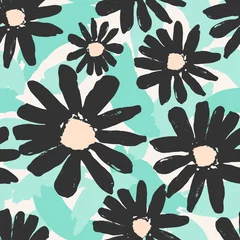 Wall murals Turquoise Hand Drawn Flowers Seamless Pattern