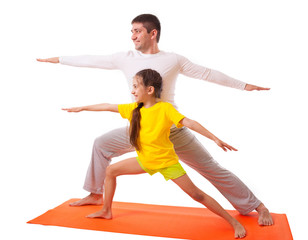 dad practicing yoga with daughter isolated - 106102500