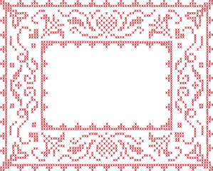 Cross-stitched frame with hearts and flowers