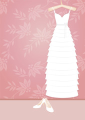 Shoes and Weeding dress on a hanger