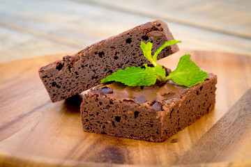 chocolate brownies on wooden board