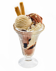 Chocolate and vanilla ice cream sundae in glass