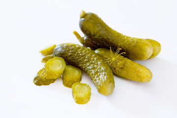 Pickled Cucumbers gherkins on a white background
