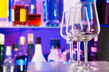 Bar table with transparent glasses for wine