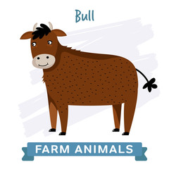 Bull isolated, raster illustration. Farm Animals Series. Cartoon style design. Single Animal on white background.
