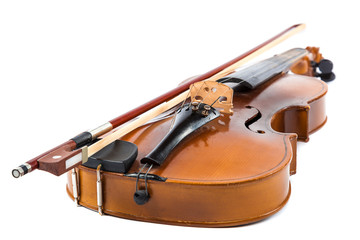 Violin and bow on a white background.