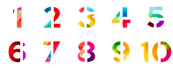 Abstract bright rainbow polygon number alphabet colorful font style. one two three four five six seven eight nine ten zero digits. vector illustration. 3d geometric numeral set design isolated