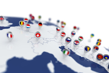 Obraz premium Europe map with countries flags location pins