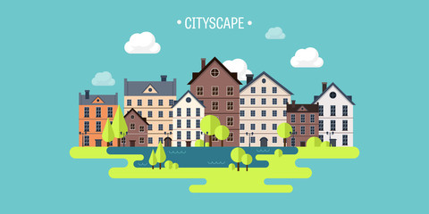 Vector illustration. Spring, summer.a City silhouettes. Cityscape. Town skyline. Panorama. Midtown houses. Summer.