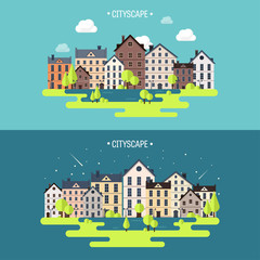 Vector illustration. Spring, summer.a City silhouettes. Cityscape. Town skyline. Panorama. Midtown houses. Summer.