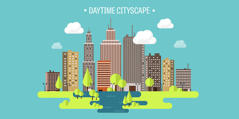 Vector illustration. Spring, summer.a City silhouettes. Cityscape. Town skyline. Panorama. Midtown houses. Summer.