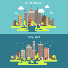 Vector illustration. Spring, summer.a City silhouettes. Cityscape. Town skyline. Panorama. Midtown houses. Summer.