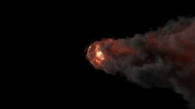 Burning meteorite leaves a smoke trail in the atmosphere. The camera tracking the object. Matte is included.
