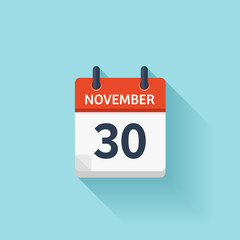 November  30. Vector flat daily calendar icon. Date and time, day, month. Holiday.