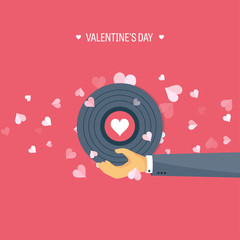 Vector illustration. Flat musical background with vinyl. Love, hearts. Valentines day. Be my valentine. 14 february. 