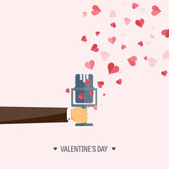Vector illustration. Flat musical background with microphone. Love, hearts. Valentines day. Be my valentine. 14 february. 