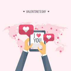 Vector illustration. Flat background with tablet. Love, hearts. Valentines day. Be my valentine. 14 february. 