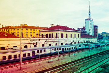 Naklejka na ściany i meble Top view colorful filtered railway station - commuting, travel,
