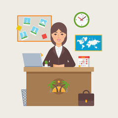 Travel agency vector illustration of a woman sitting at the tabl