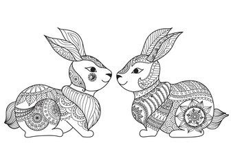 Obraz premium Dwa słodkie małe króliki projekt grafiki liniowej do kolorowania książki, kart, projektu koszulki i tak dalej