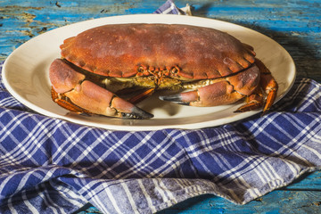 Boiled crab on wooden table