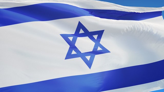 Israel flag waving in slow motion against blue sky, seamlessly looped, close up, isolated on alpha channel with black and white luminance matte, perfect for film, news, digital composition