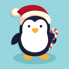 A little cute penguin using santa hat standing on in blue background.