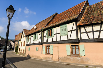 Street with half-timbered houses in the village of Andlau, Alsace, France