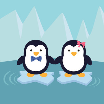 A cute couple penguin standing and holding hands on iceberg in winter background.