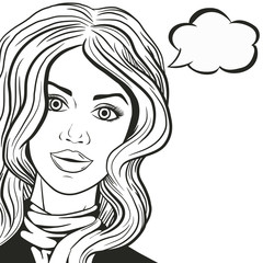 Vector Line art young woman in scarf with speech bubble outlined, comic sketch style