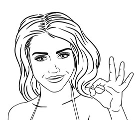 Line art young woman smiling face with OK hand sign isolated on white background.