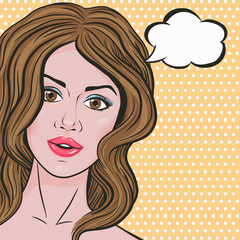 Pop art fresh woman face with curly brown hair, vector retro woman thinking with text bubble in comic style