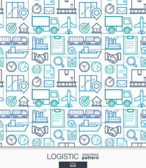 Logistic business wallpaper. Delivery and distribution seamless pattern. Tiling with thin line integrated web icons. Vector transportation illustration. Abstract background for website, presentation