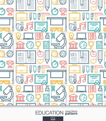 Education wallpaper. School and university connected seamless pattern. Tiling textures with thin line integrated web icons set. Vector illustration. Abstract elearning background for mobile app