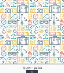 Travel wallpaper. Trip connected seamless pattern. Tiling textures with thin line integrated web icons set. Vector illustration. Abstract background for mobile app, website, presentation.