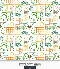Ecology wallpaper. Green energy connected seamless pattern. Tiling textures with thin line integrated web icons set. Vector illustration. Abstract background for mobile app, website, presentation.