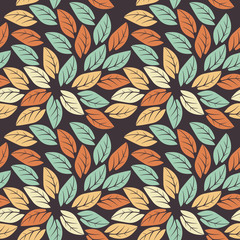 Elegant seamless pattern with colorful leaves on purple backgrou