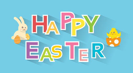 Rabbit Bunny Painted Eggs New Born Chicken Happy Easter Holiday Banner Colorful Greeting Card 