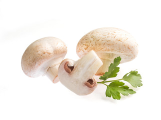 Mushrooms champignons with parsley isolated on white