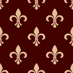 Fototapeta na wymiar Medieval heraldic floral seamless pattern for interior wallpaper design with delicate beige fleur-de-lis ornament over brown background